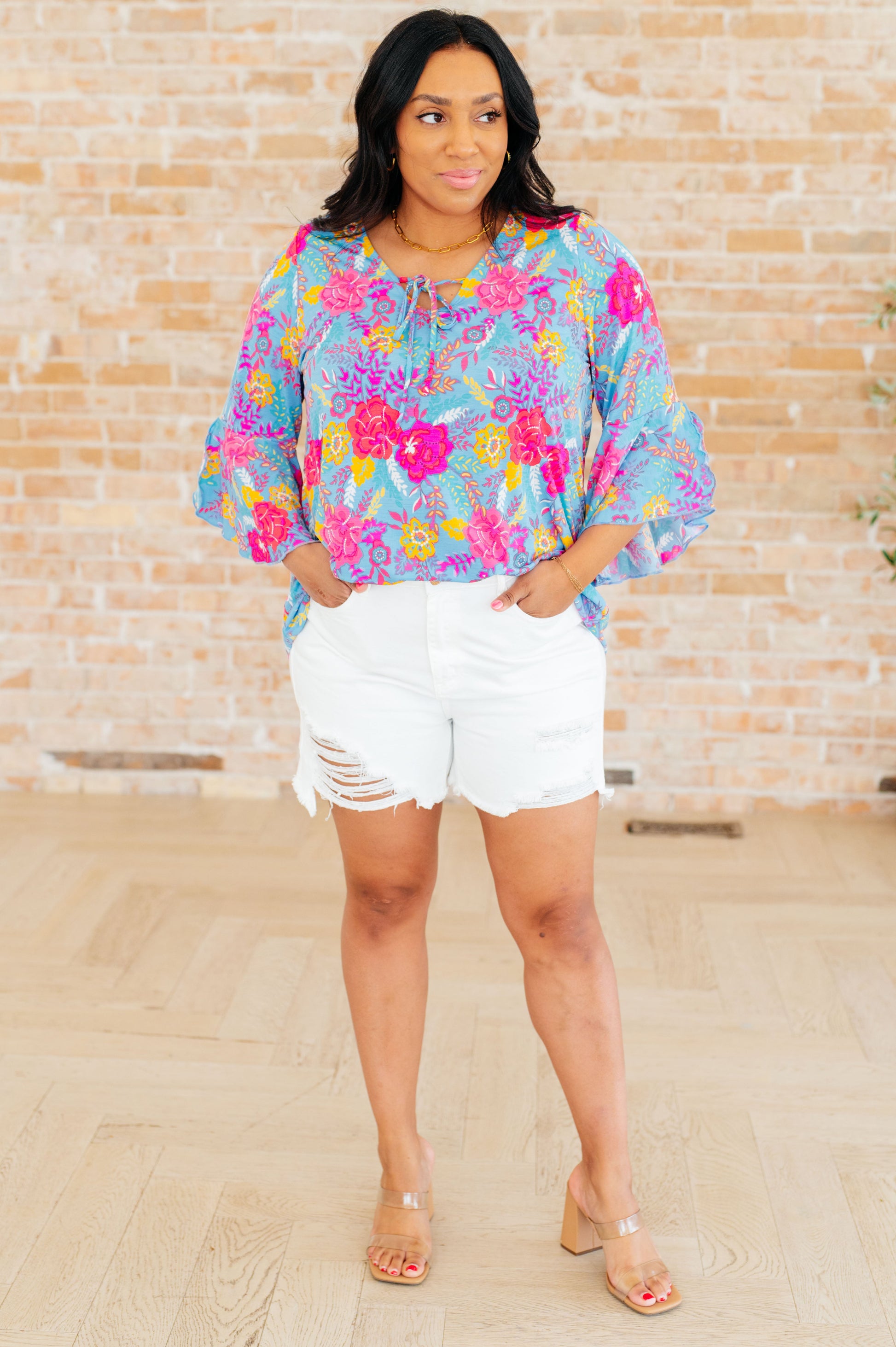 Willow Bell Sleeve Top in Bright Blue Floral - Southern Divas Boutique