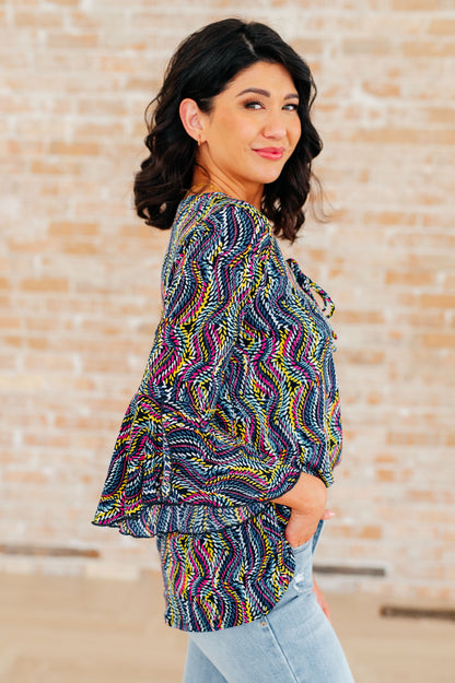 Willow Bell Sleeve Top in Navy Rainbow Rope - Southern Divas Boutique