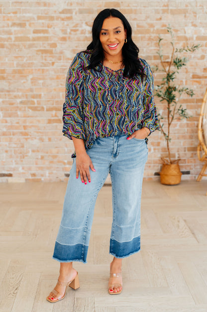 Willow Bell Sleeve Top in Navy Rainbow Rope - Southern Divas Boutique