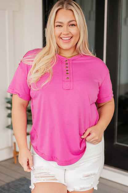 On A Whim Pink Raw Hem Henley Tee - Southern Divas Boutique