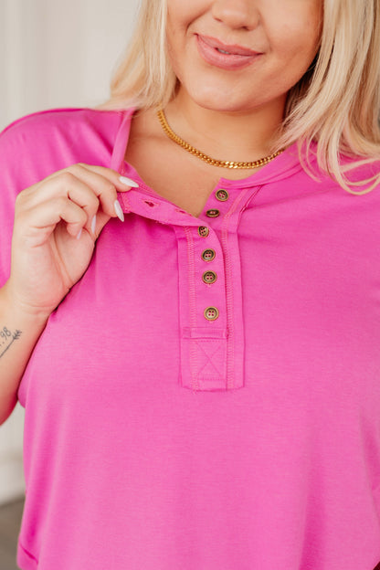 On A Whim Pink Raw Hem Henley Tee - Southern Divas Boutique