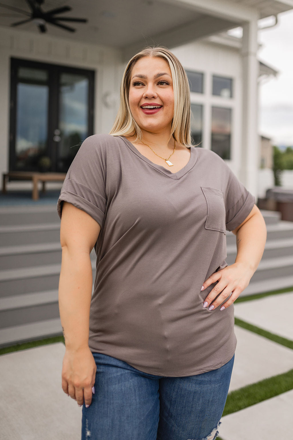 Absolute Favorite V-Neck in Dark Taupe - Southern Divas Boutique