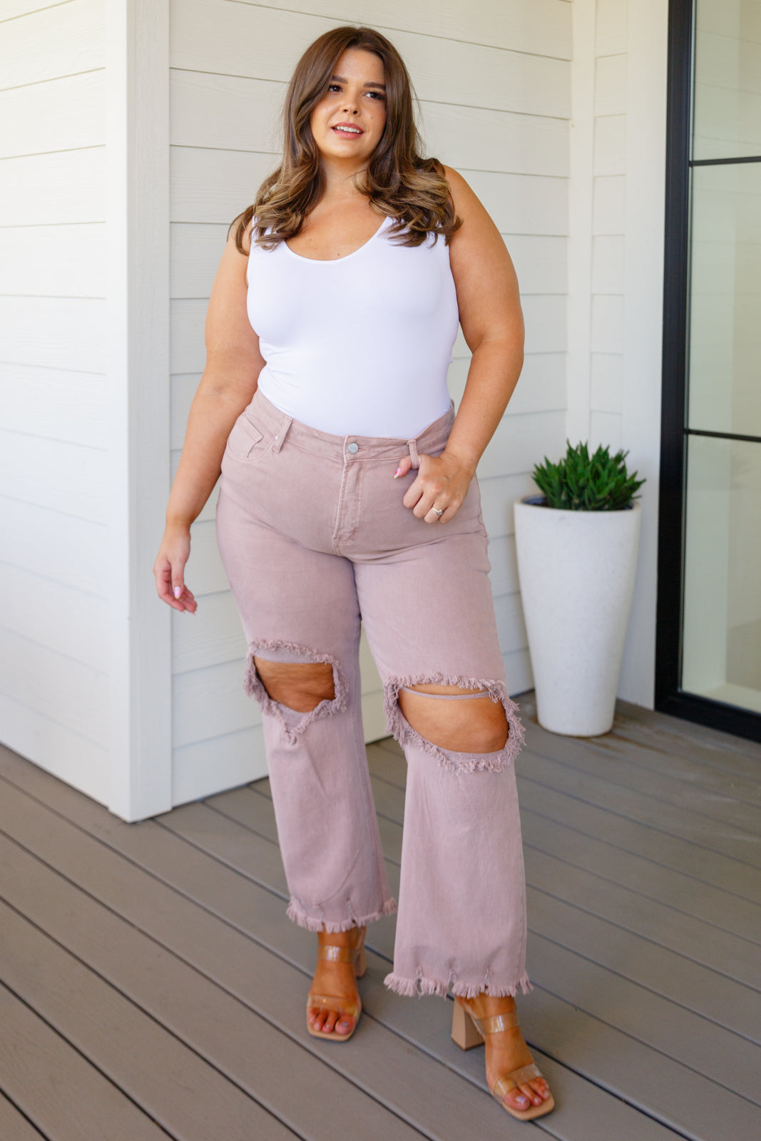 Babs High Rise Distressed Straight Jeans in Mauve - Southern Divas Boutique