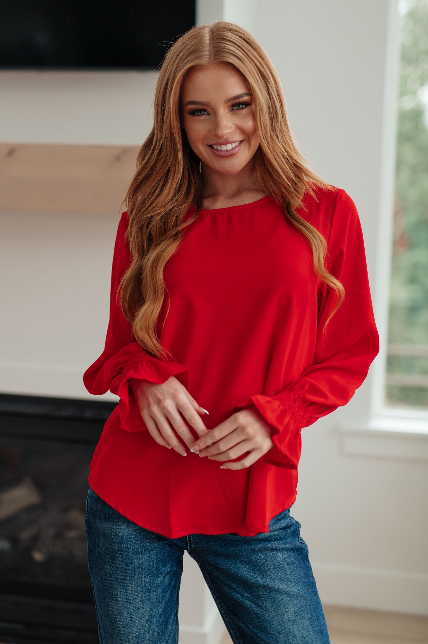 Peaceful Moments Smocked Sleeve Blouse in Red - Southern Divas Boutique