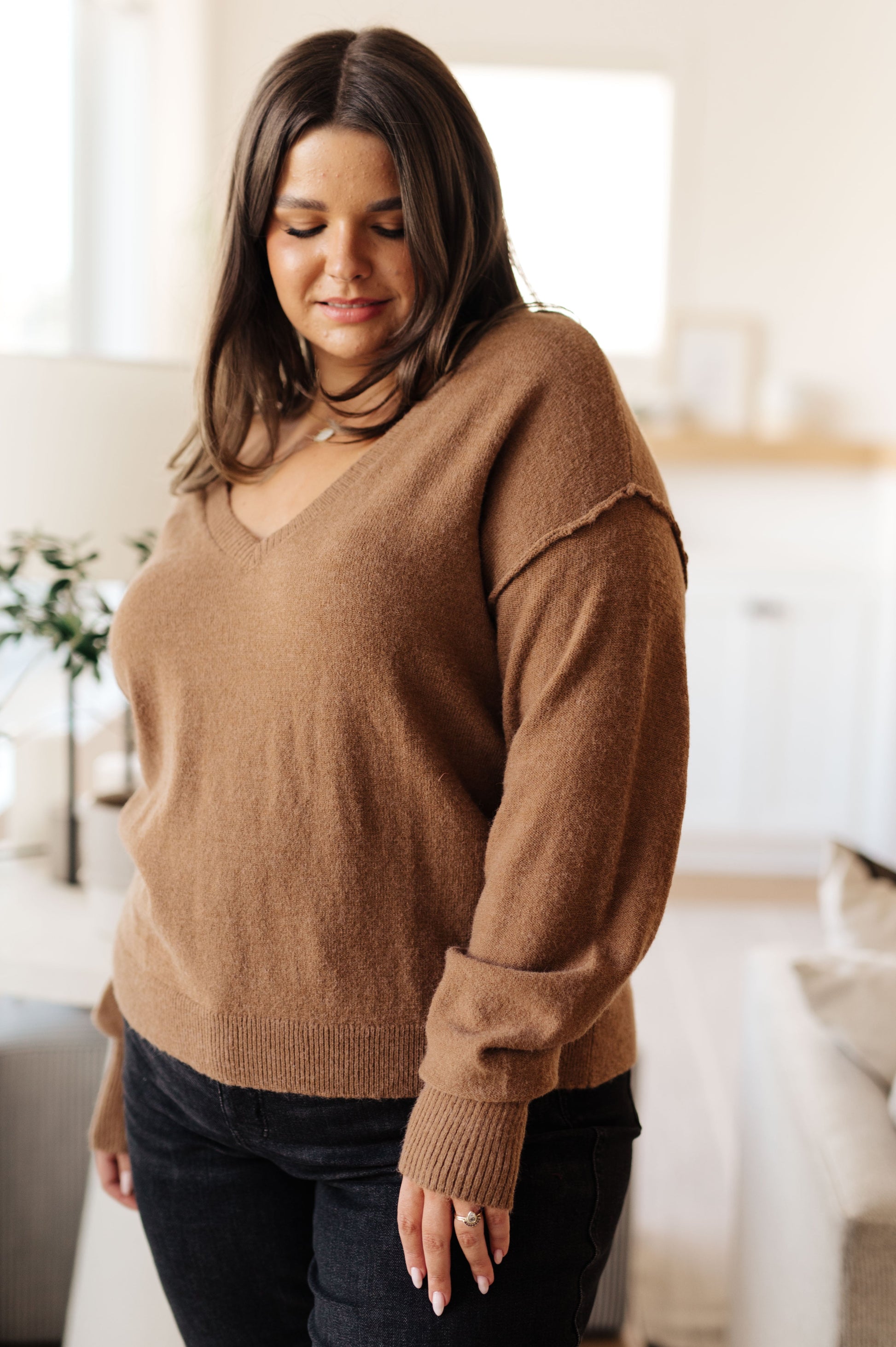 Back to Life V-Neck Sweater in Mocha - Southern Divas Boutique