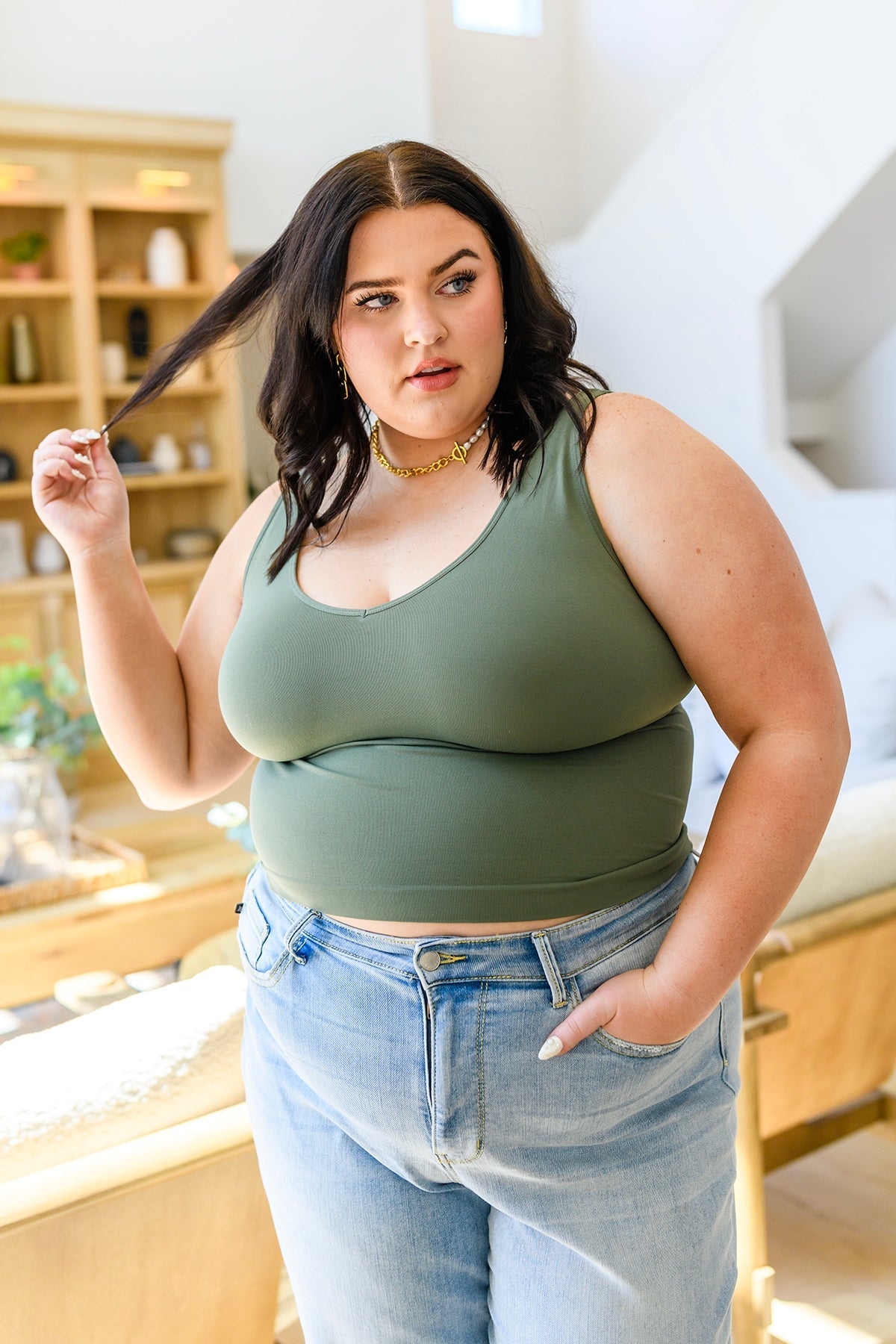 Carefree Seamless Reversible Tank in Olive - Southern Divas Boutique