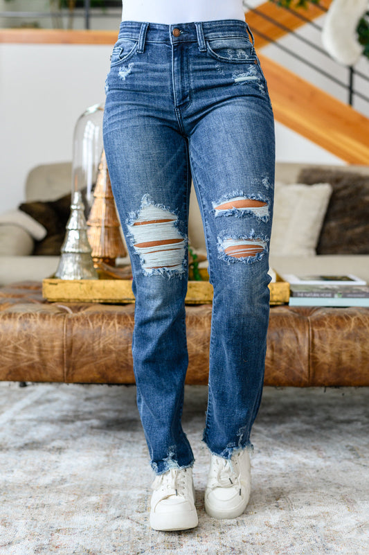 Christine High Contrast Slim Bootcut Destroyed Jeans - Southern Divas Boutique