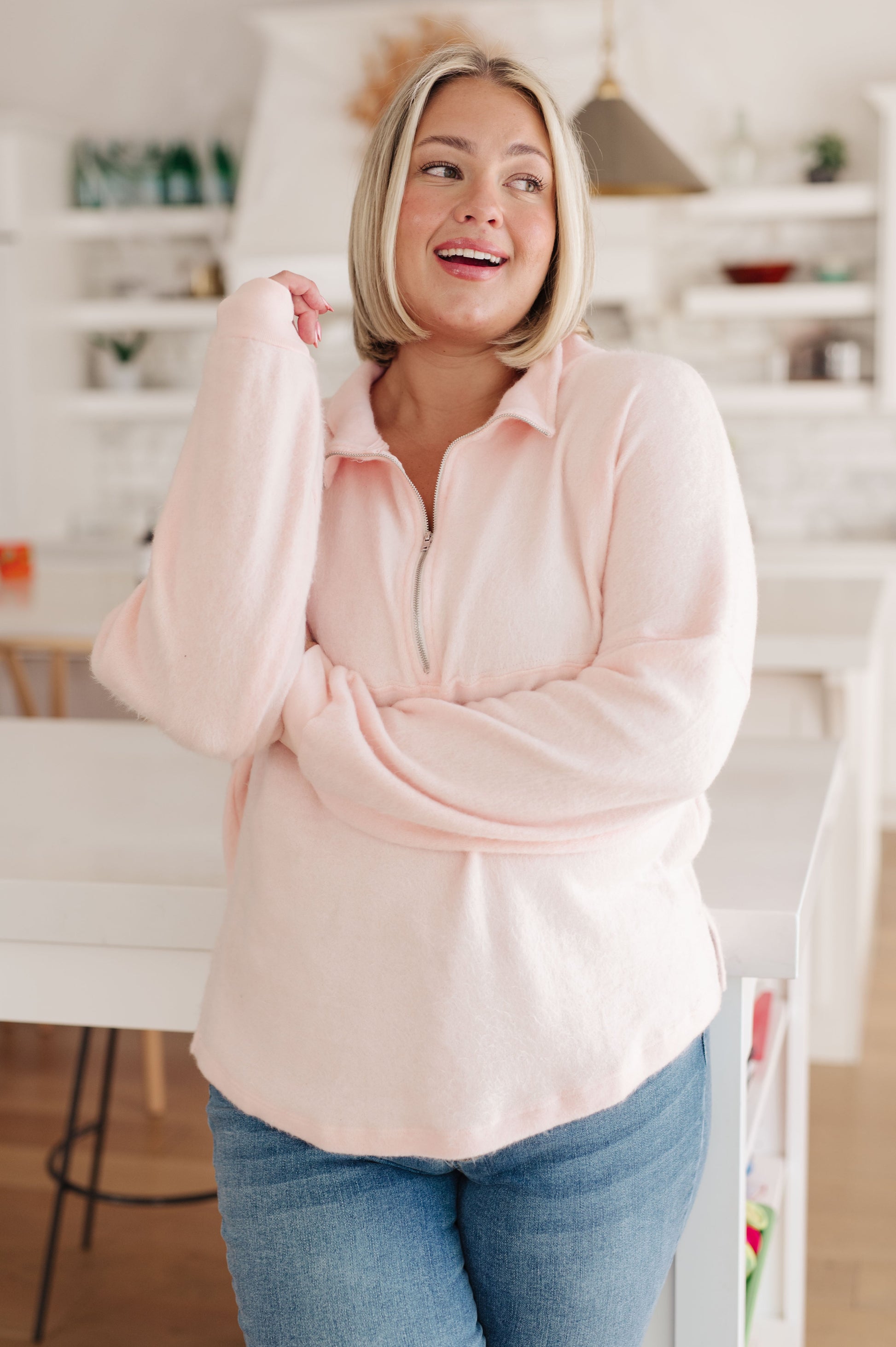 Cozy Moment 1/2 Zip Pullover in Blush - Southern Divas Boutique