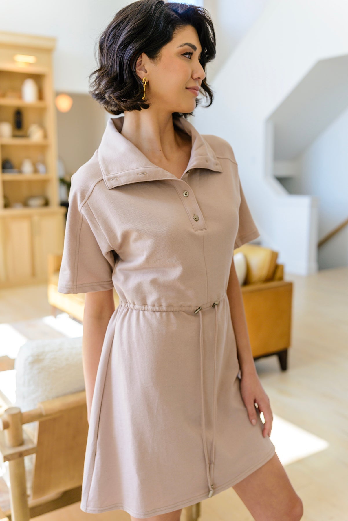 Darla Button Up Collared Dress in Taupe - Southern Divas Boutique