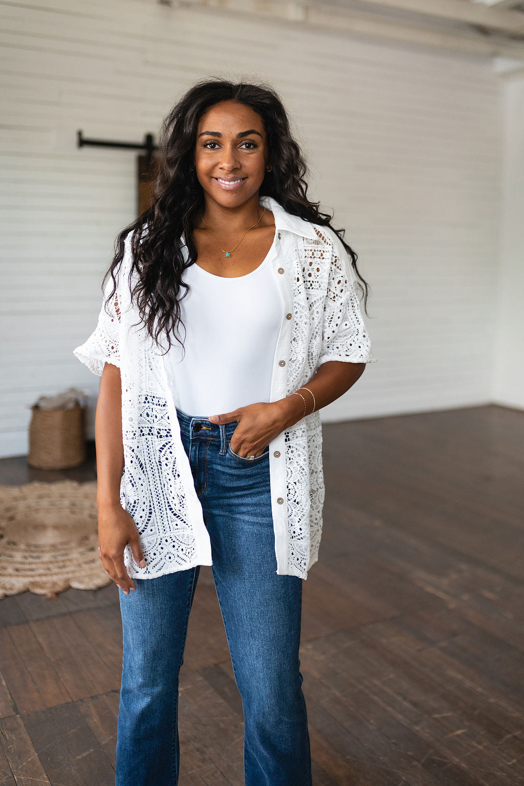 Head in the Clouds Lace Button Down - Southern Divas Boutique