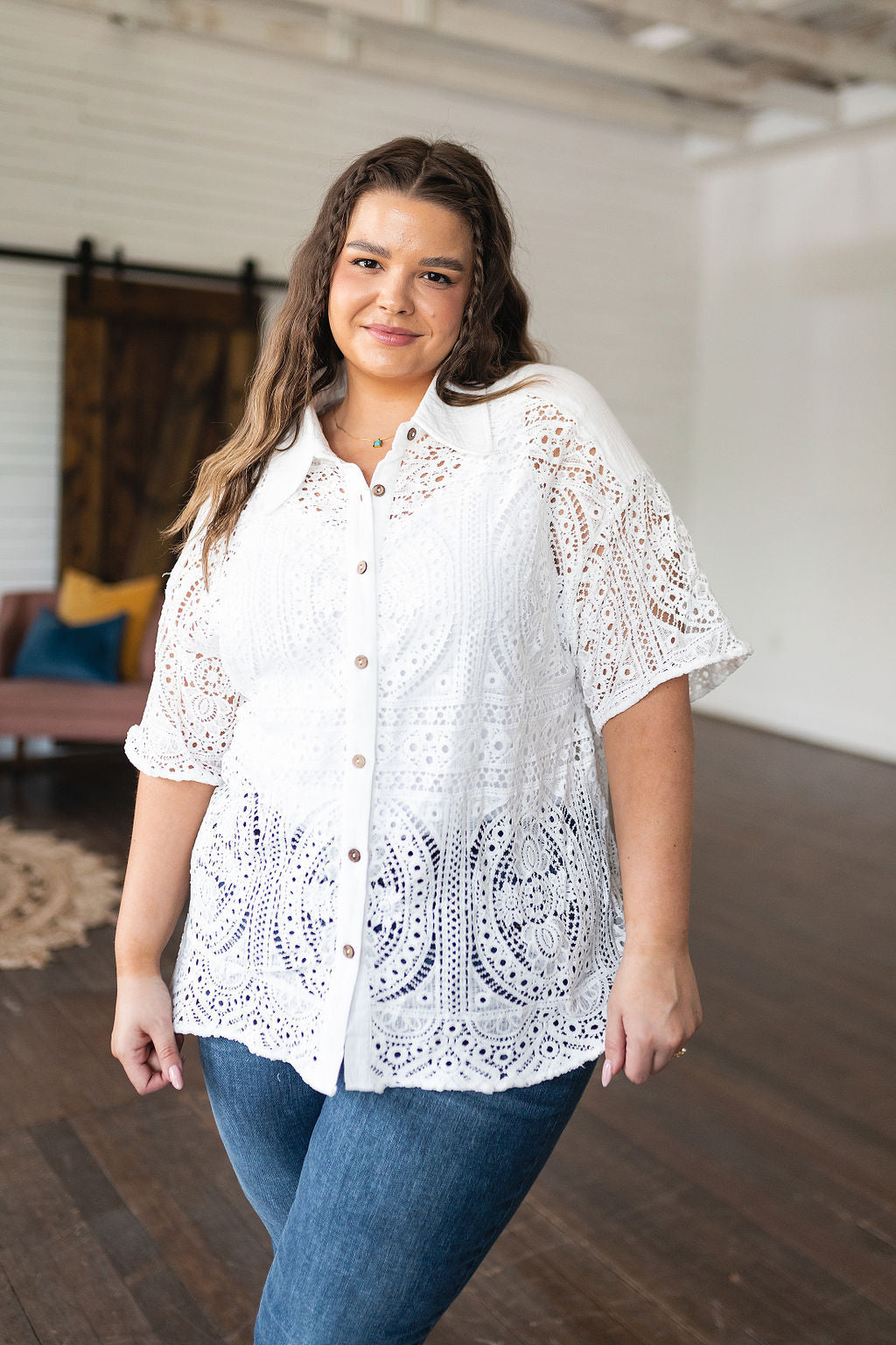 Head in the Clouds Lace Button Down - Southern Divas Boutique