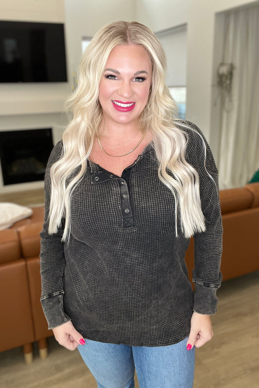 Mineral Wash Baby Waffle Henley in Ash Black - Southern Divas Boutique
