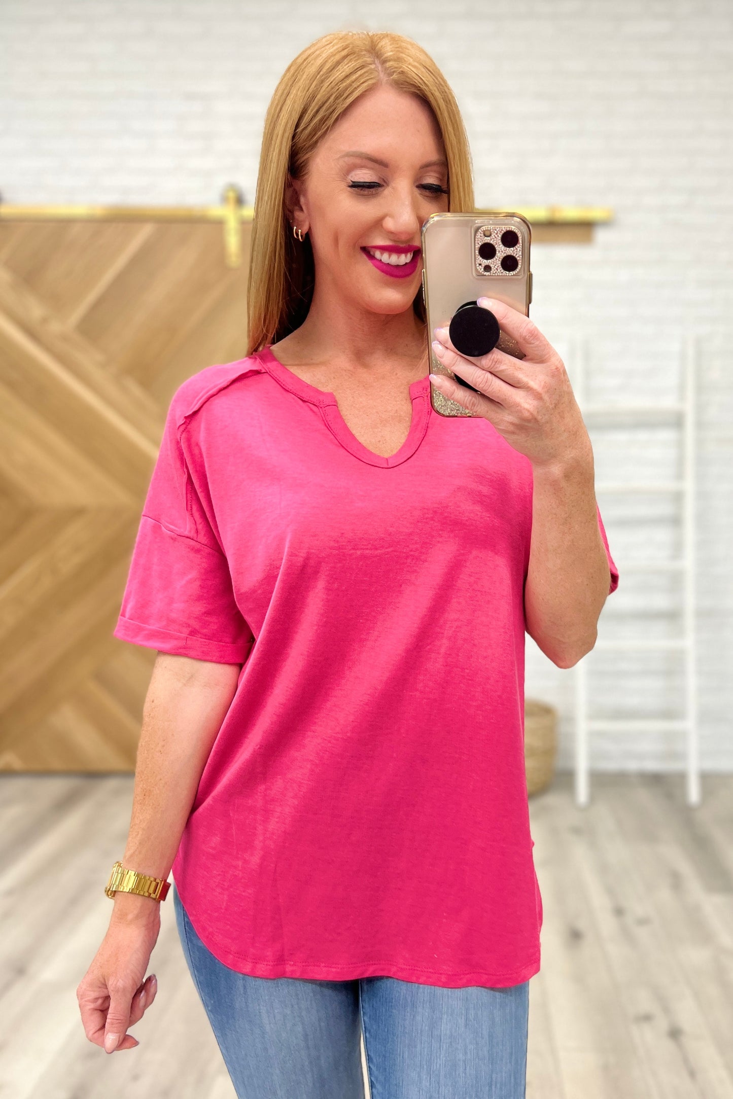 Notched Neck Drop Sleeve Top in Hot Pink - Southern Divas Boutique