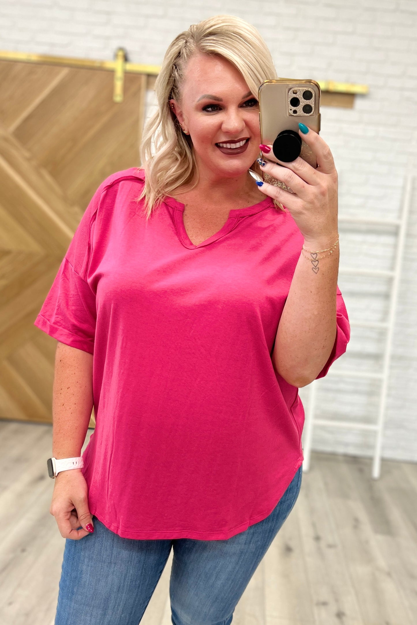 Notched Neck Drop Sleeve Top in Hot Pink - Southern Divas Boutique