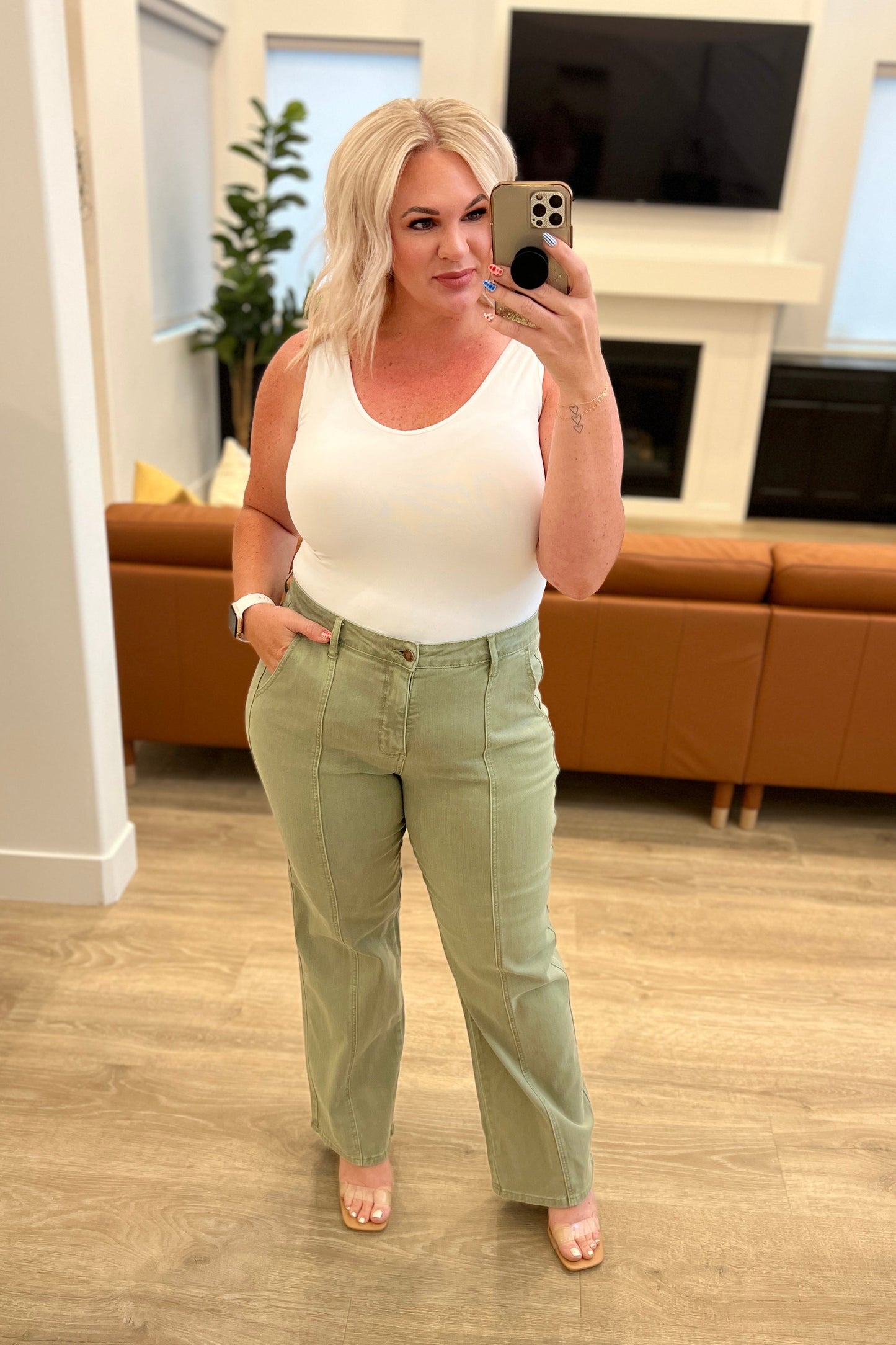 Phoebe High Rise Front Seam Straight Jeans in Sage - Southern Divas Boutique