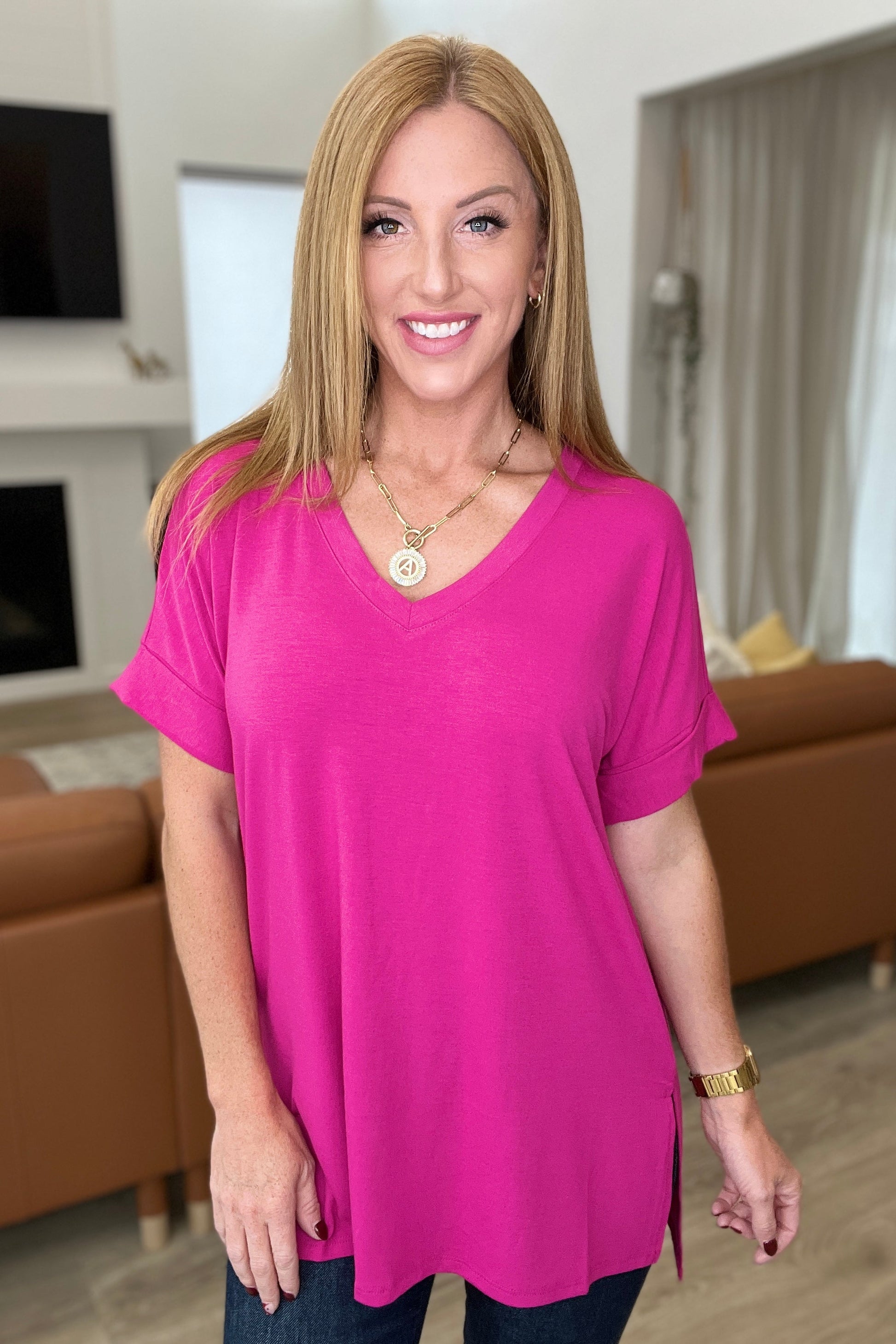 V-Neck Cuffed Sleeve in Magenta - Southern Divas Boutique