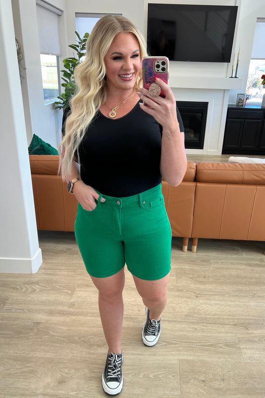Jenna High Rise Control Top Cuffed Shorts in Green - Southern Divas Boutique