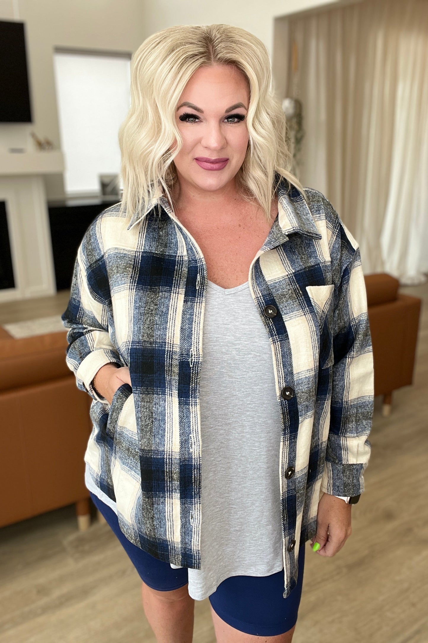 Oversized Longline Plaid Shacket in Navy - Southern Divas Boutique