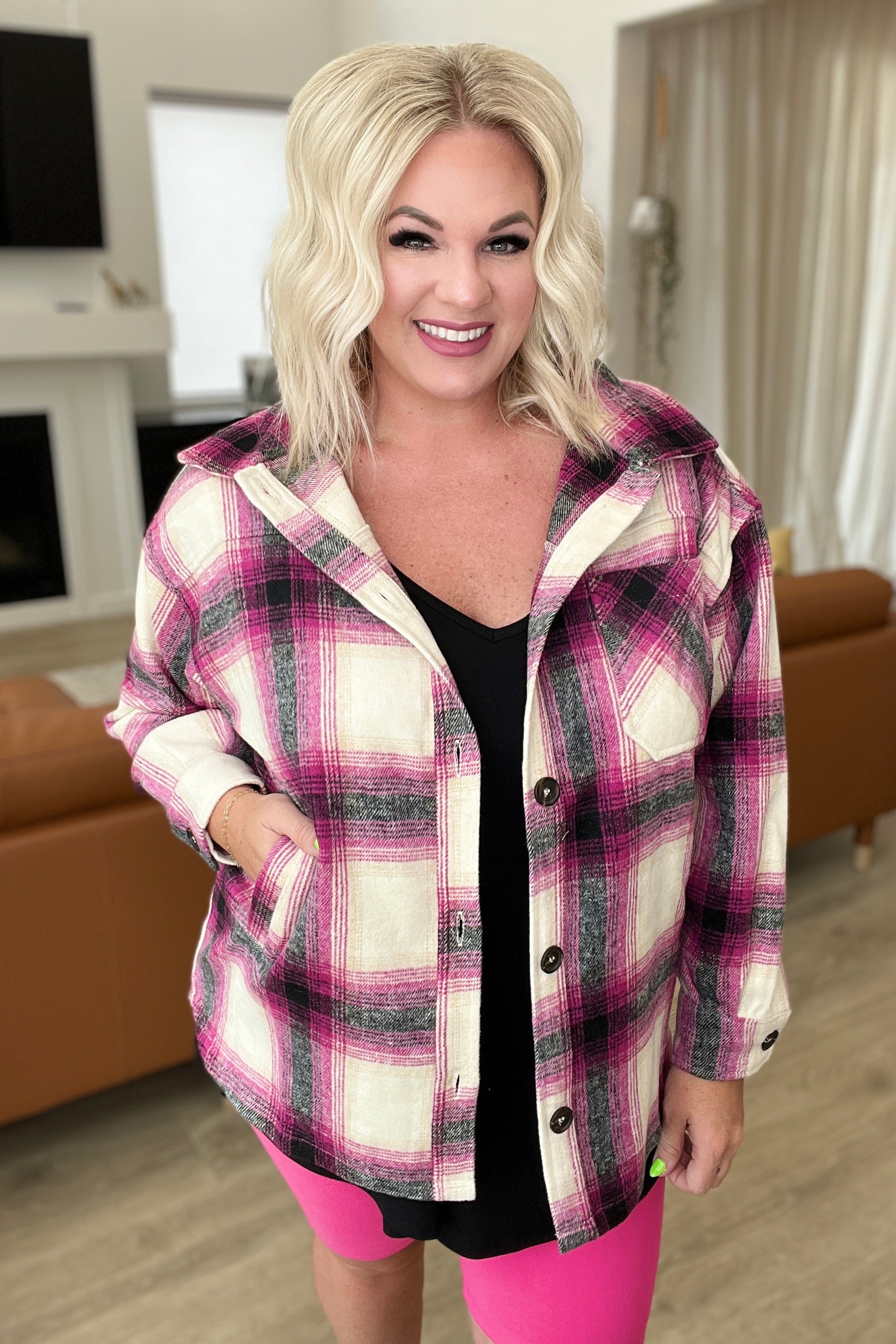 Oversized Longline Plaid Shacket in Magenta - Southern Divas Boutique