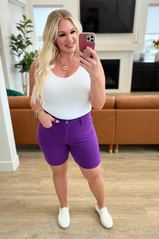 Jenna High Rise Control Top Cuffed Shorts in Purple - Southern Divas Boutique