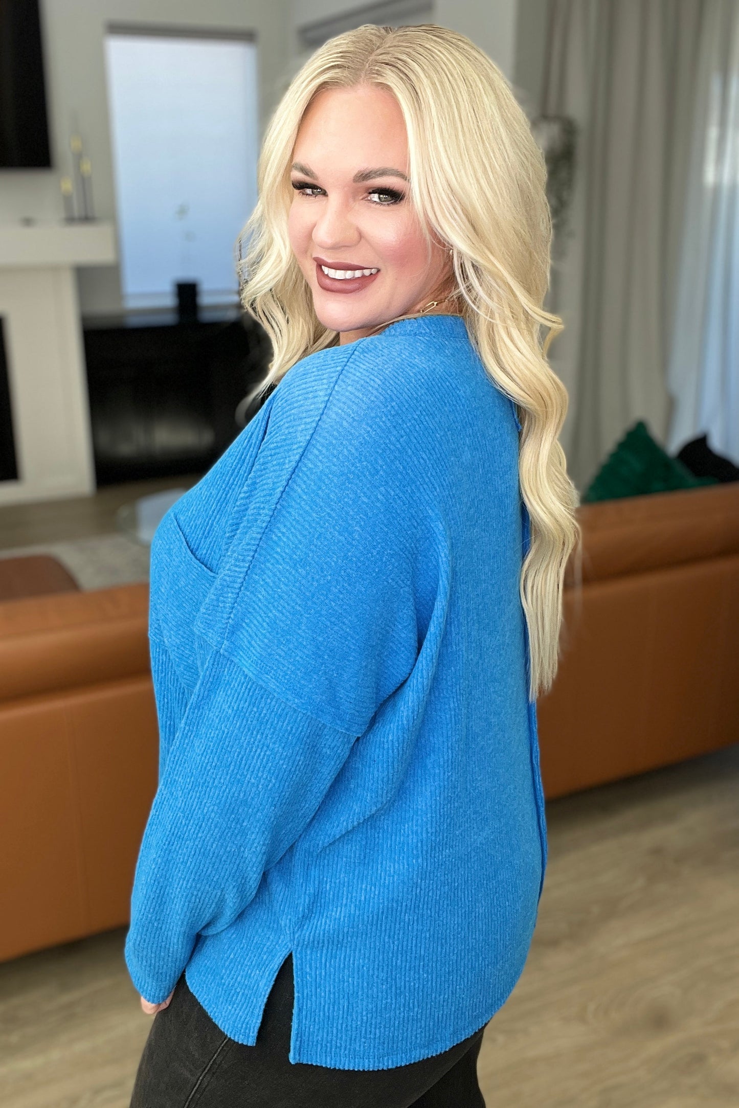 Ribbed Brushed Hacci Sweater in Ocean Blue - Southern Divas Boutique