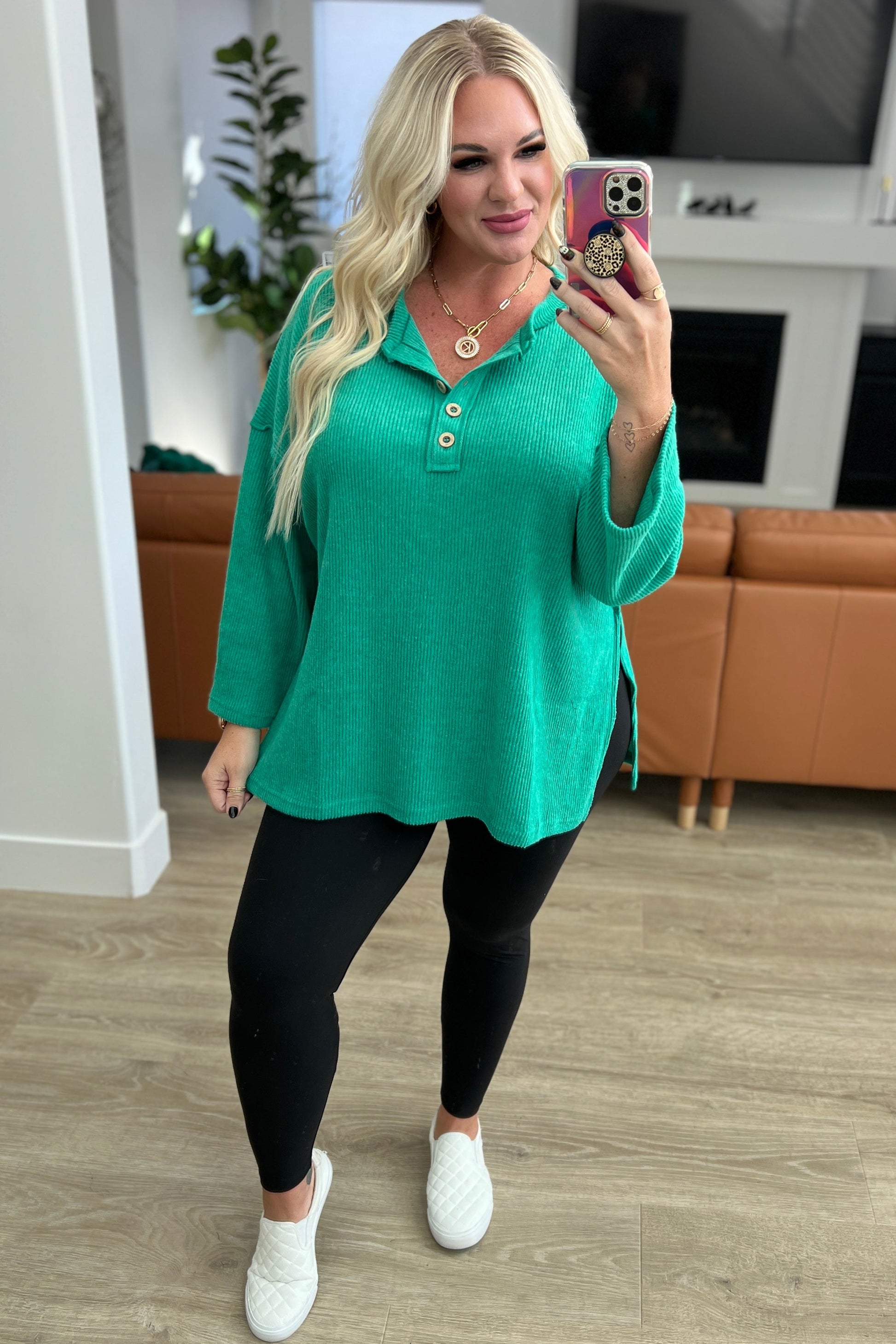 Ribbed Brushed Hacci Henley in Kelly Green - Southern Divas Boutique