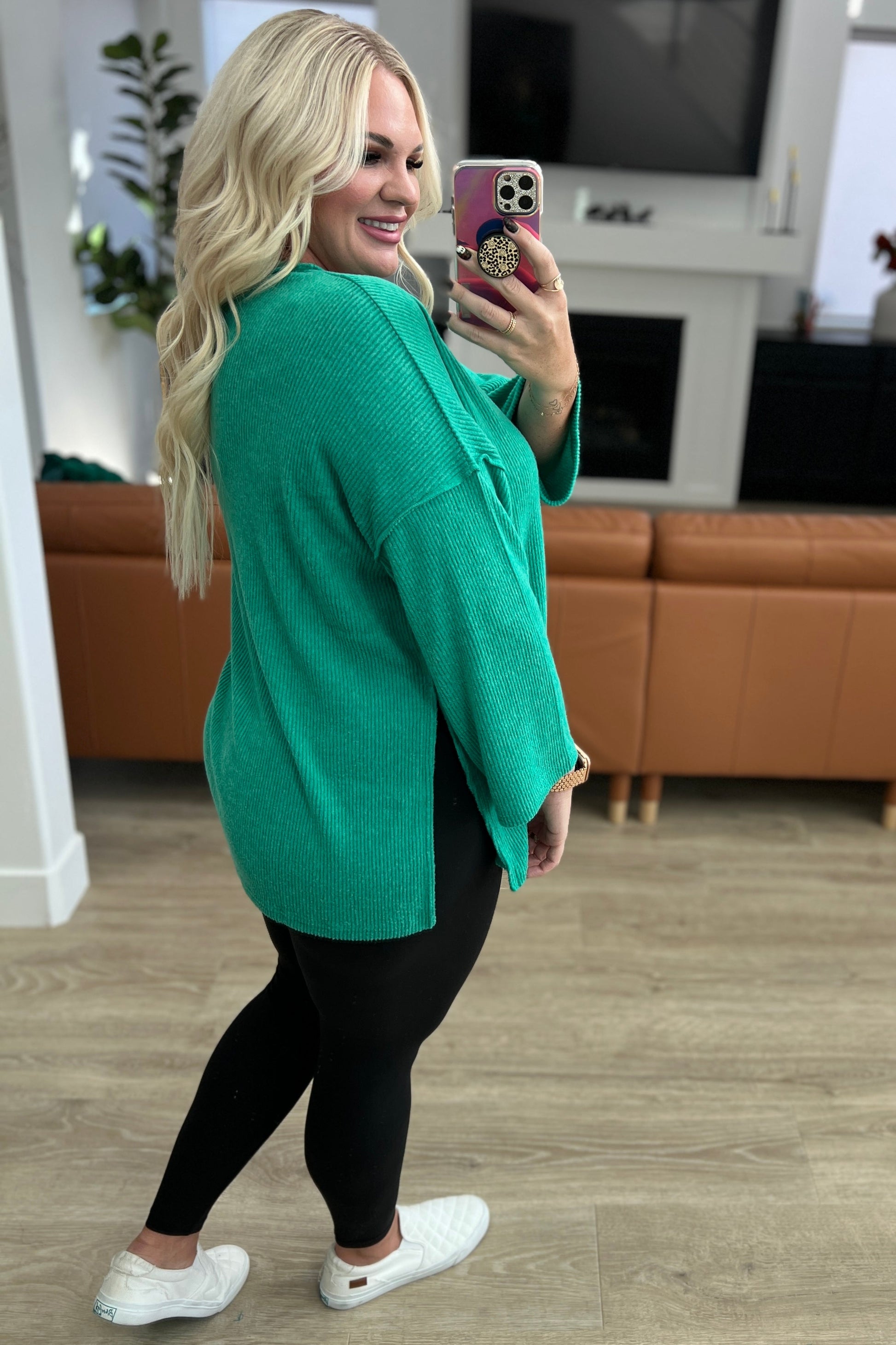 Ribbed Brushed Hacci Henley in Kelly Green - Southern Divas Boutique