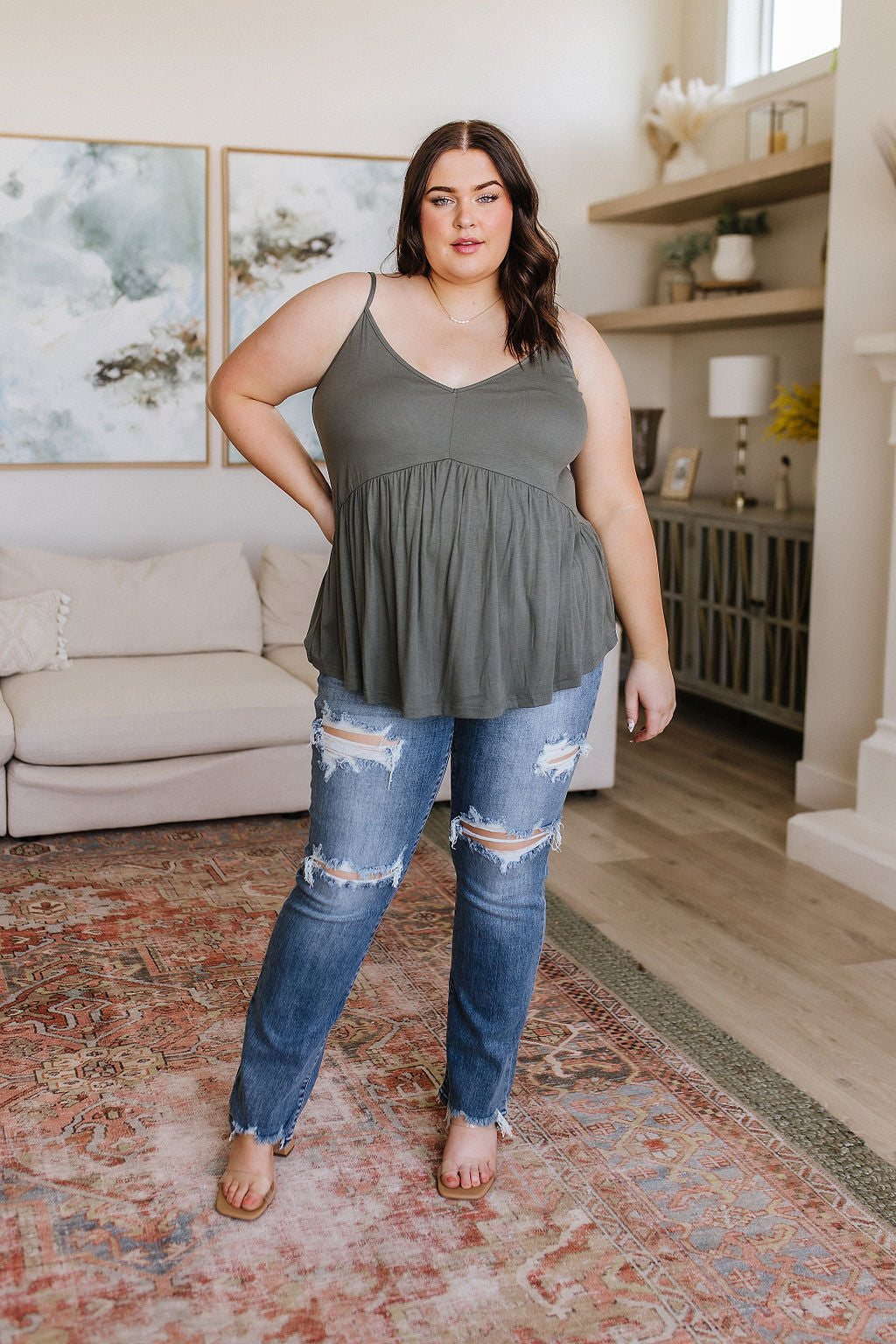 Never Not Loving V-Neck Cami in Gray Green - Southern Divas Boutique