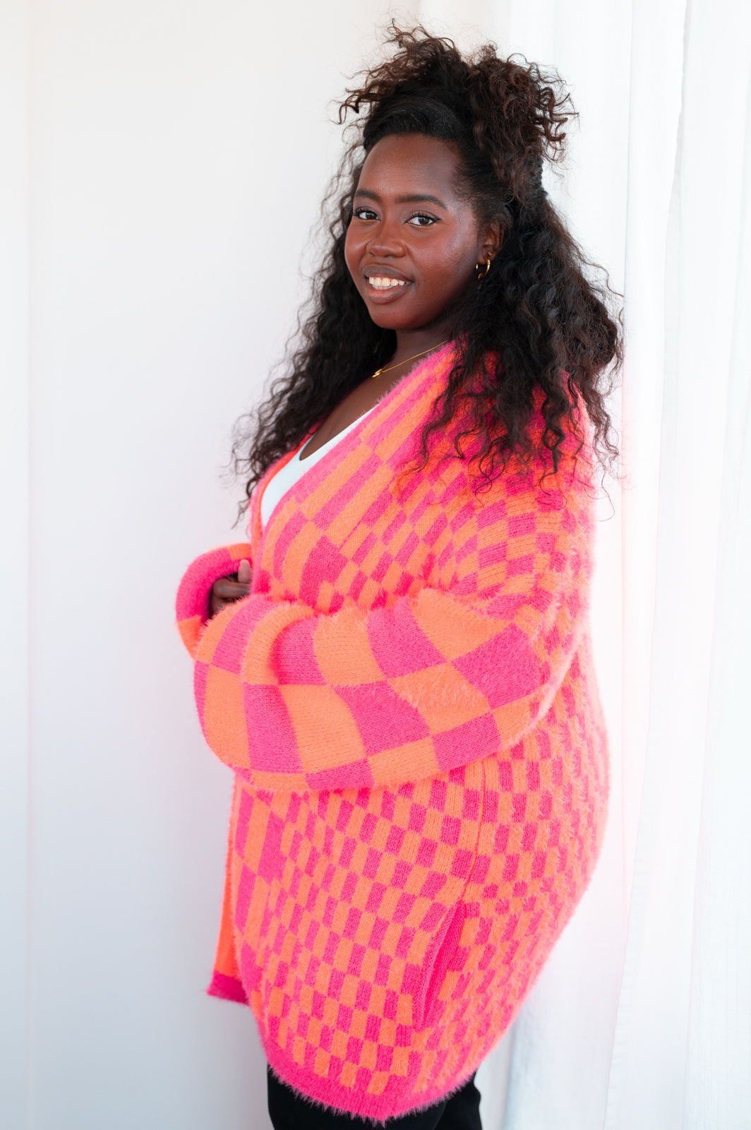 Noticed in Neon Checkered Cardigan in Pink and Orange - Southern Divas Boutique