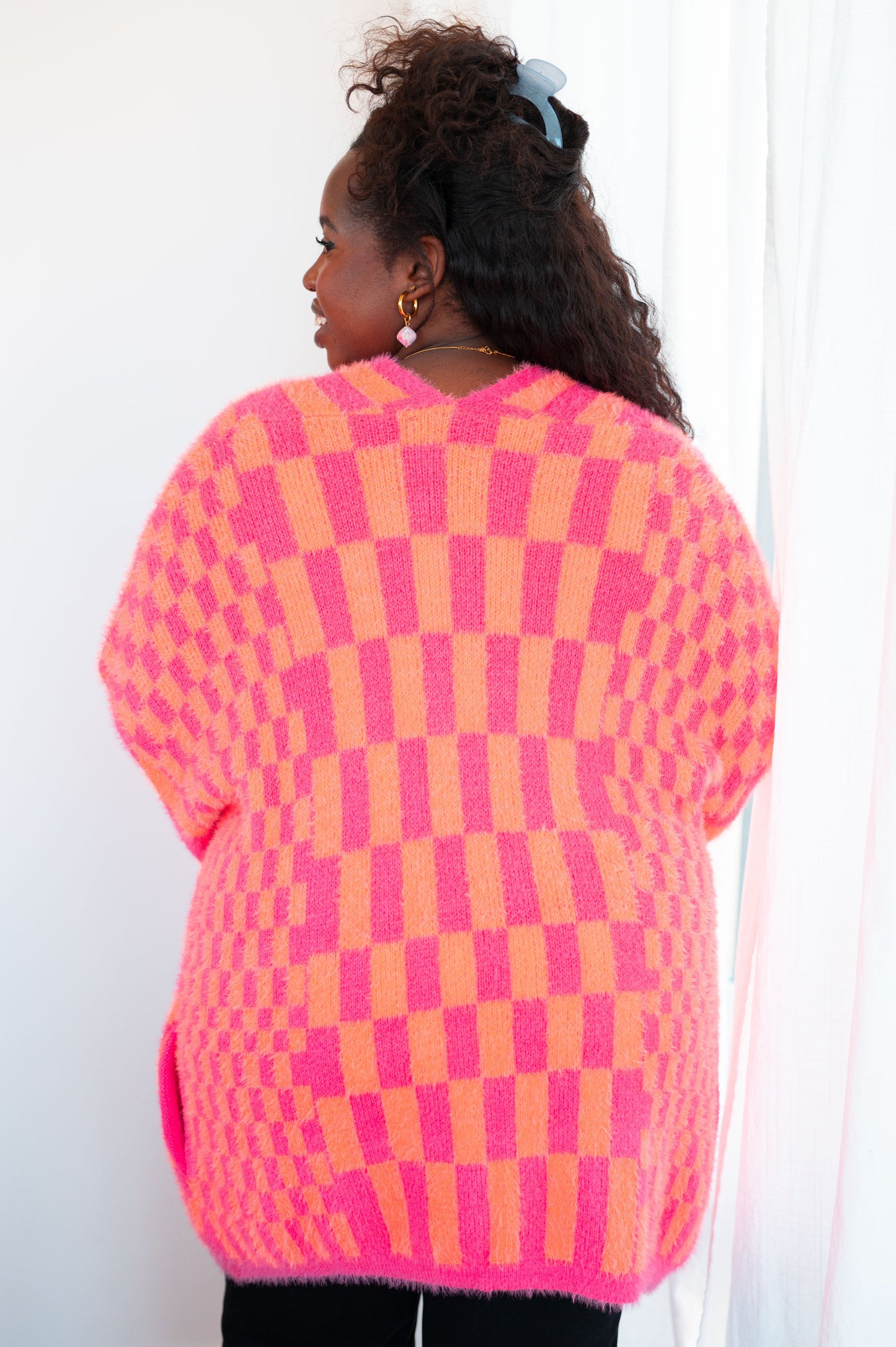 Noticed in Neon Checkered Cardigan in Pink and Orange - Southern Divas Boutique