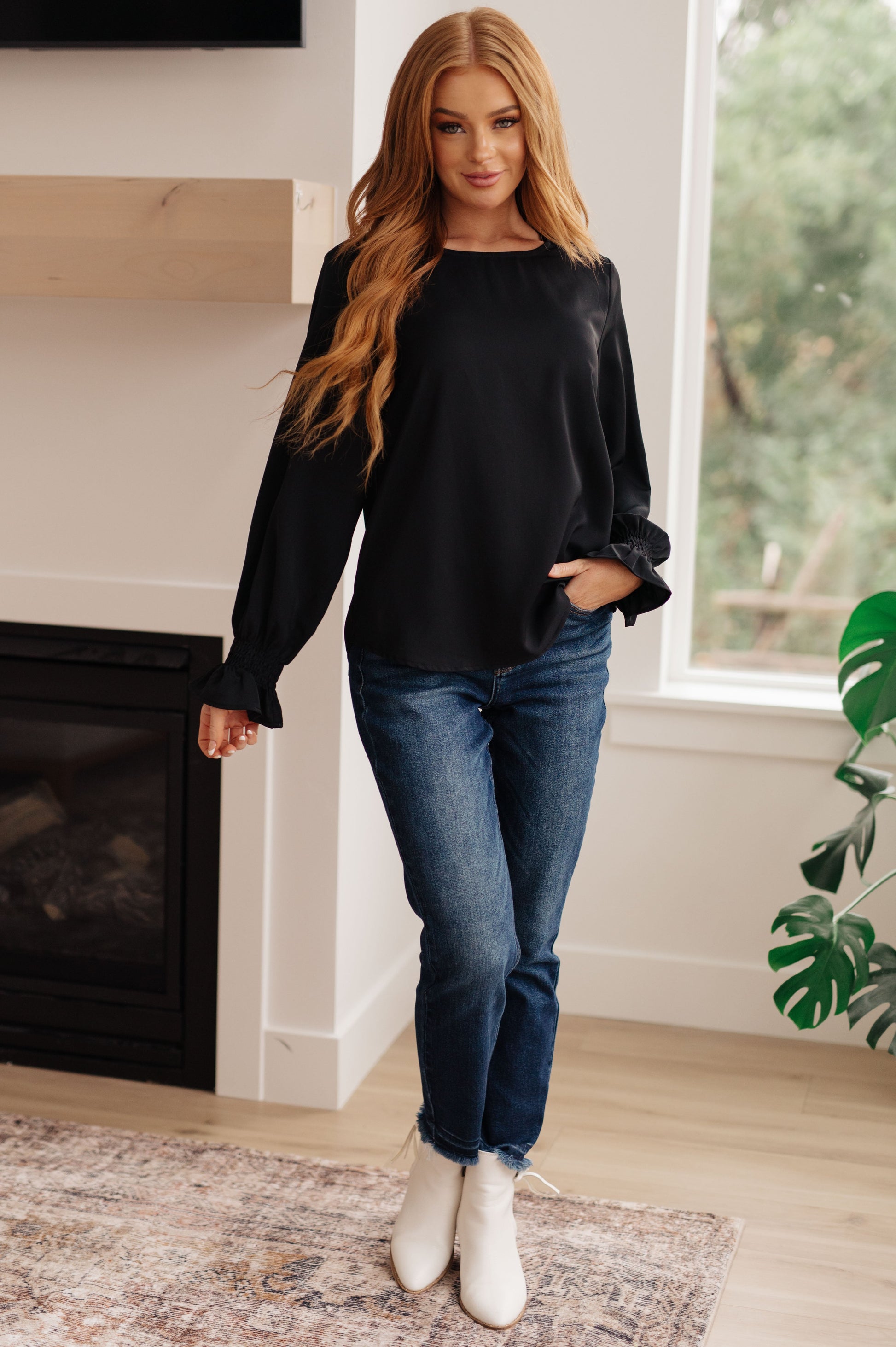 Peaceful Moments Smocked Sleeve Blouse in Black - Southern Divas Boutique