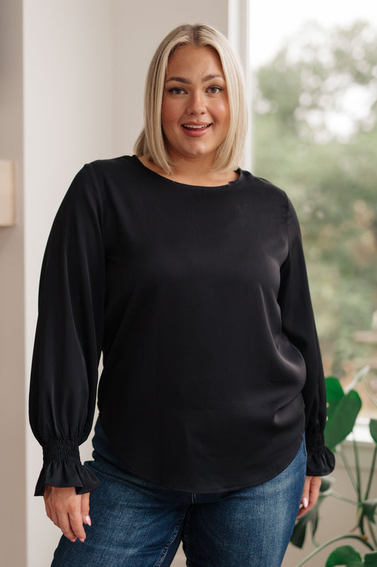 Peaceful Moments Smocked Sleeve Blouse in Black - Southern Divas Boutique