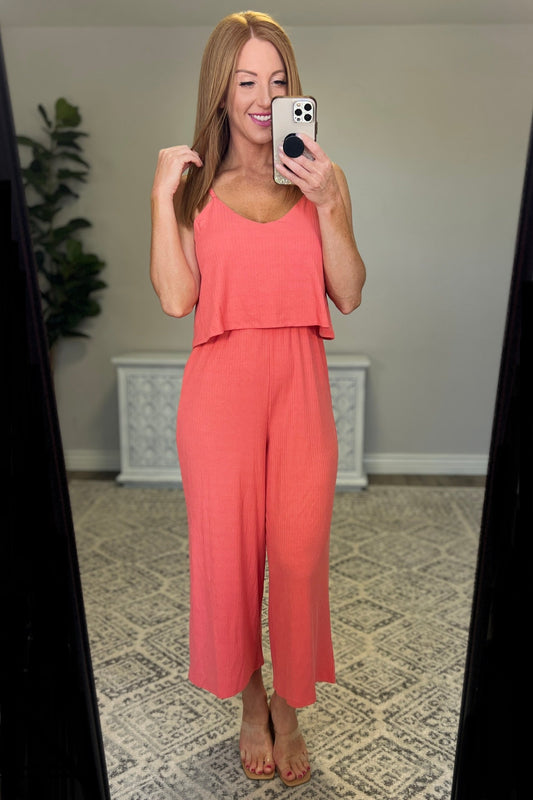 Ribbed Double Layer Jumpsuit in Deep Coral - Southern Divas Boutique