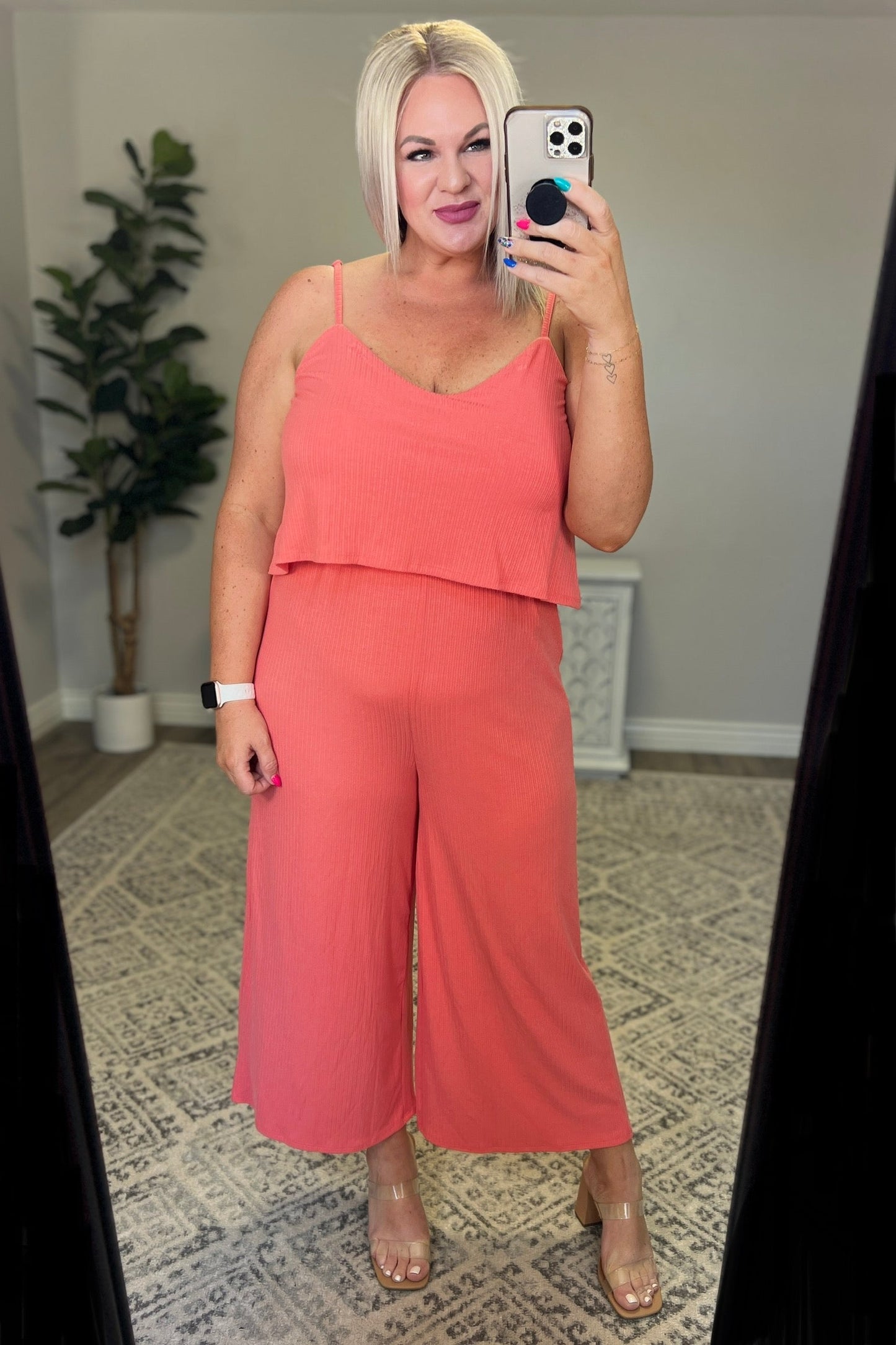Ribbed Double Layer Jumpsuit in Deep Coral - Southern Divas Boutique