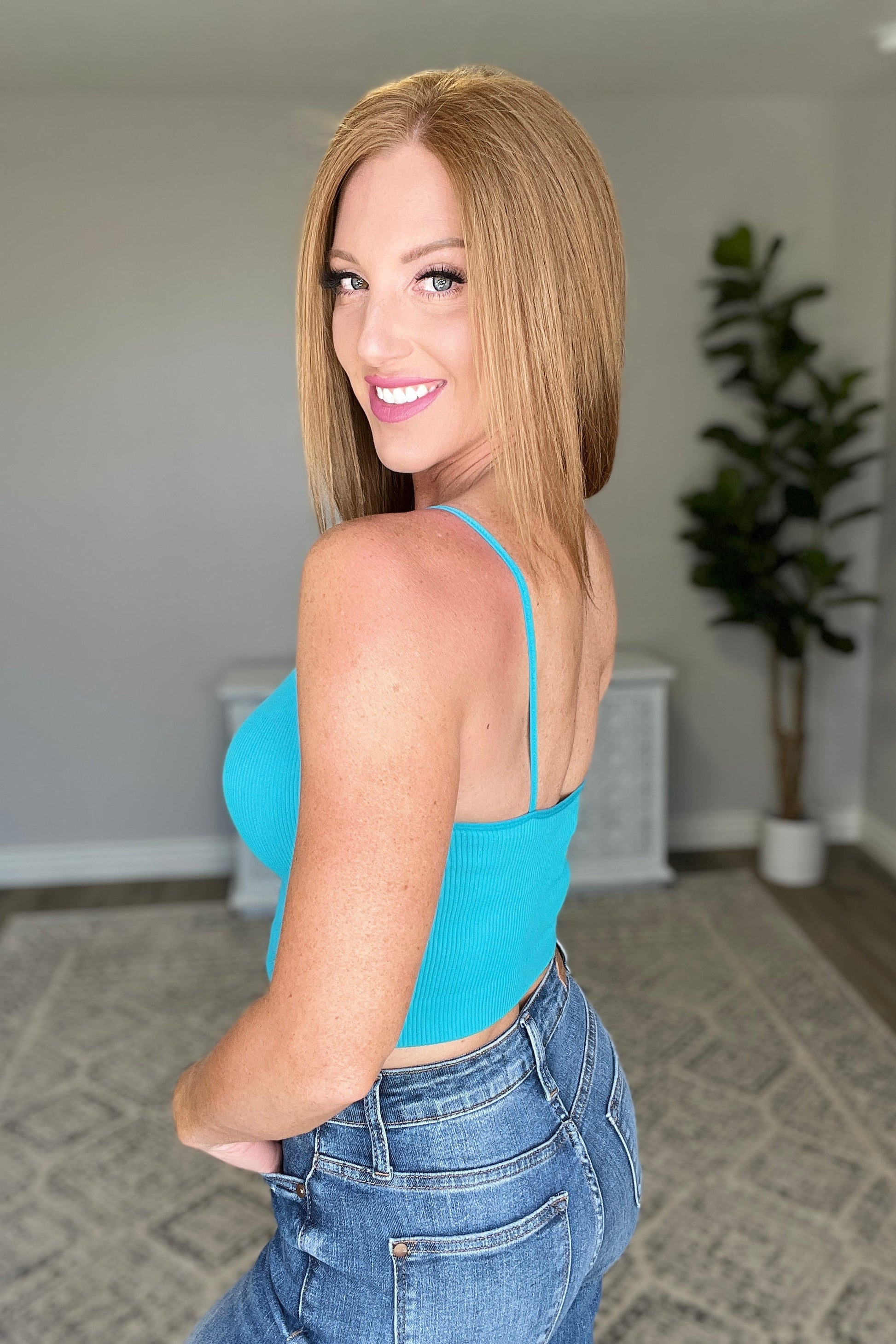 Ribbed Seamless Spaghetti Strap Crop Cami in Ice Blue - Southern Divas Boutique