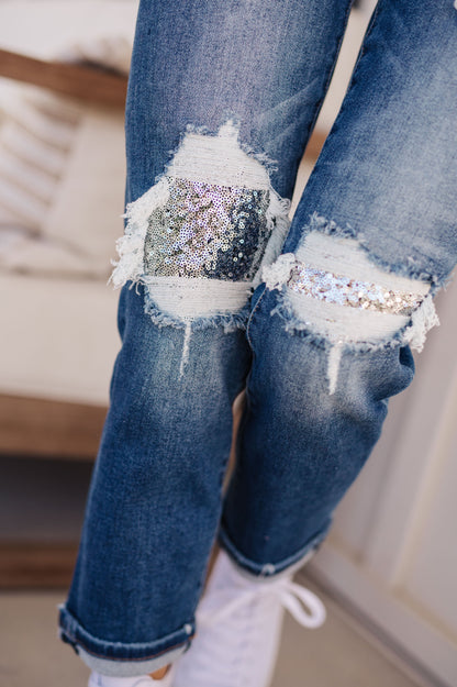 Suki Mid Rise Sequin Patch Tapered Jeans - Southern Divas Boutique