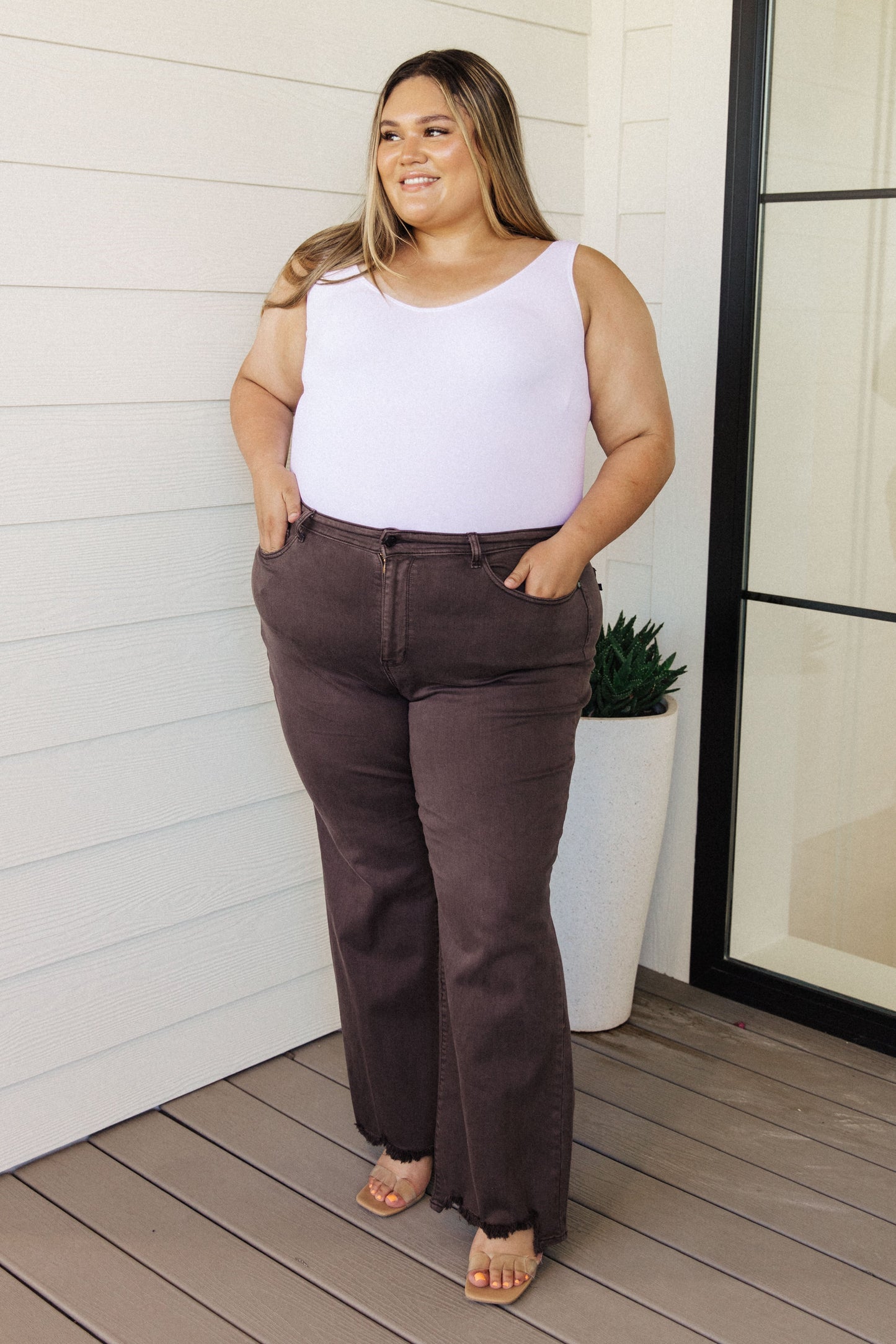 Sybil High Rise Frayed Hem 90's Straight Jeans in Brown - Southern Divas Boutique